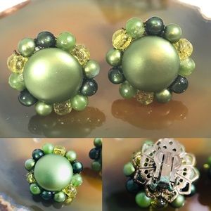 Vintage Green Beaded Lucite Clip Earrings